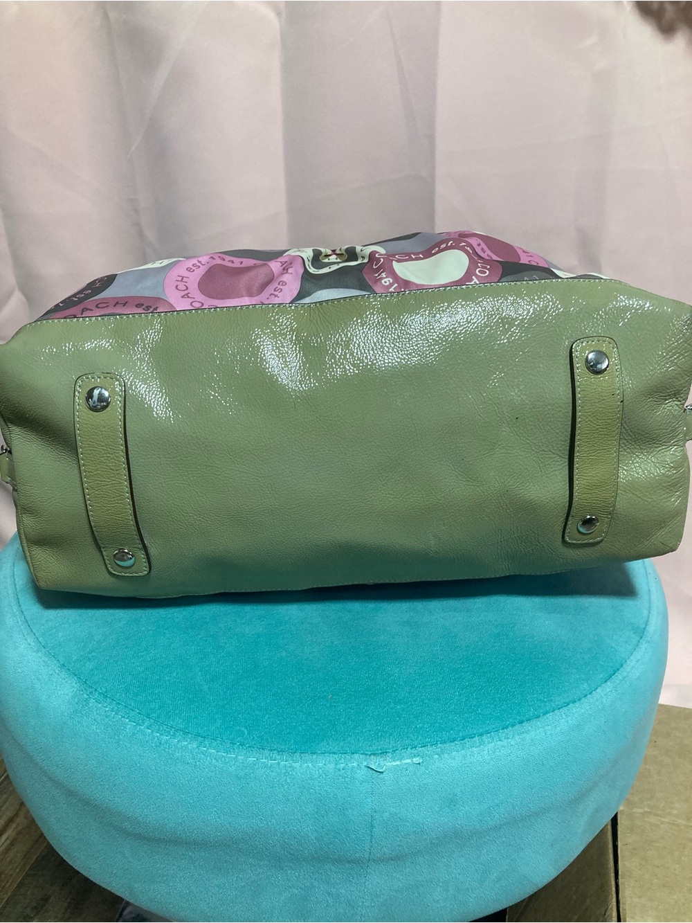Coach Olive Green & Pink Circle Print Satchel - Picture 6 of 9